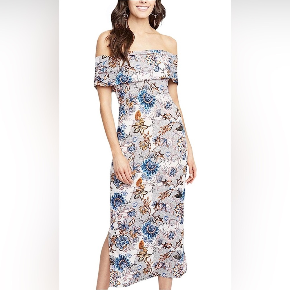 RACHEL Rachel Roy Off-Shoulder Floral Midi Dress in Blue, Cream and Brown
